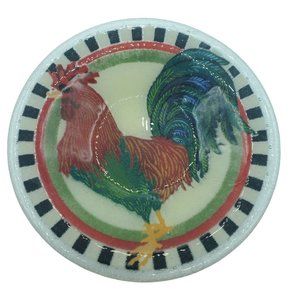Peggy Karr Signed Round Red Rooster Fused Art Glass Bowl Cottagecore Black Edge